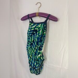 NWT Fly Back Blue Green TieDye Retro Flyback One Piece Swim Suit Women’s Size XS